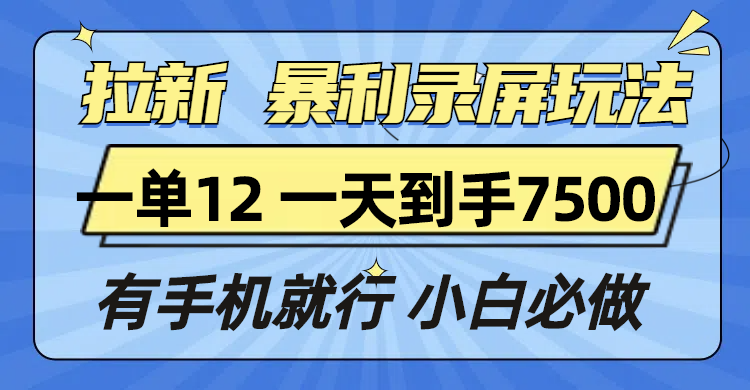 拉新暴利录屏玩法，一单12块，一天到手7500，有手机就行-云网创