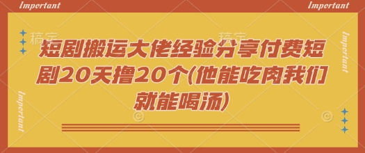 短剧搬运大佬经验分享付费短剧20天撸20个(他能吃肉我们就能喝汤)-云网创