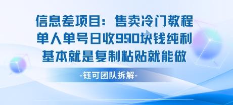 信息差项目：售卖冷门教程单人单号日收9张纯利基本就是复制粘贴就能做-云网创