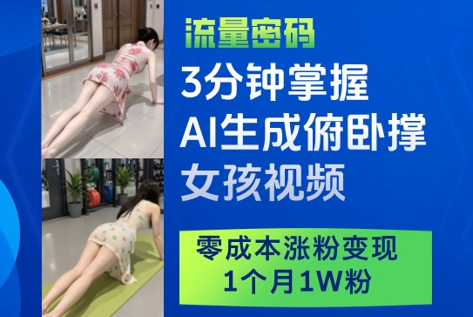 3分钟掌握AI生成俯卧撑女孩视频,零成本涨粉变现,1个月1W粉-云网创