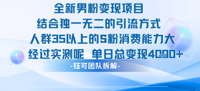 全新男粉变现项目引流人群35以上的男粉消费能力大 经过实测单日变现1k+-云网创