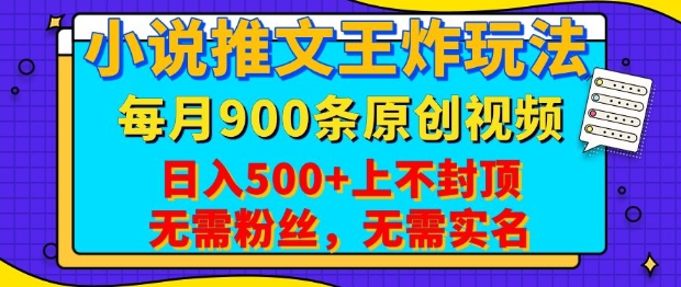 小说推文王炸玩法，一键代发，每月最多领900条原创视频，播放量收益日入5张，无需粉丝，无需实名【揭秘】-云网创