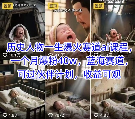 历史人物一生爆火赛道ai课程，一个月爆粉40w，蓝海赛道，可过伙伴计划，收益可观-云网创