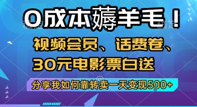 0成本薅羊毛!视频会员、话费卷、30元电影票白送，分享我如何靠转卖一天变现5张+【揭秘】-云网创