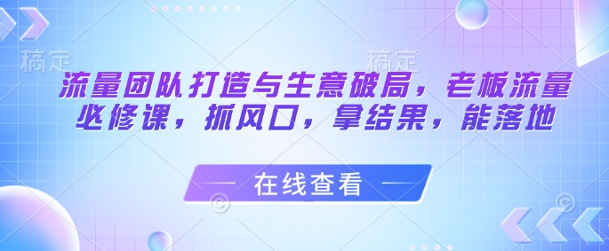 流量团队打造与生意破局，老板流量必修课，抓风口，拿结果，能落地-云网创