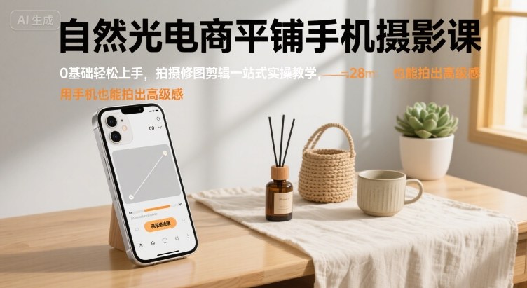 自然光电商平铺手机摄影课，0基础轻松上手，拍摄修图剪辑一站式实操教学，用手机也能拍出高级感-云网创
