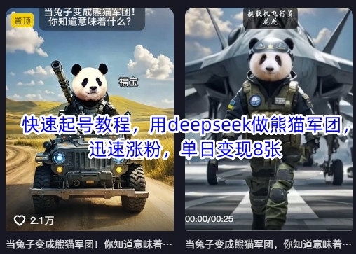 快速起号教程，用deepseek做熊猫军团，迅速涨粉，单日变现8张-云网创