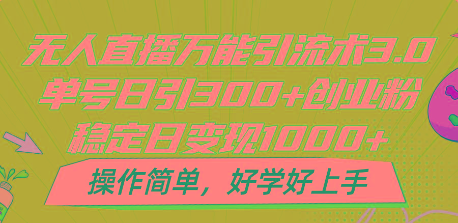 无人直播万能引流术3.0，单号日引300+创业粉，稳定日变现1000+，操作简单-云网创