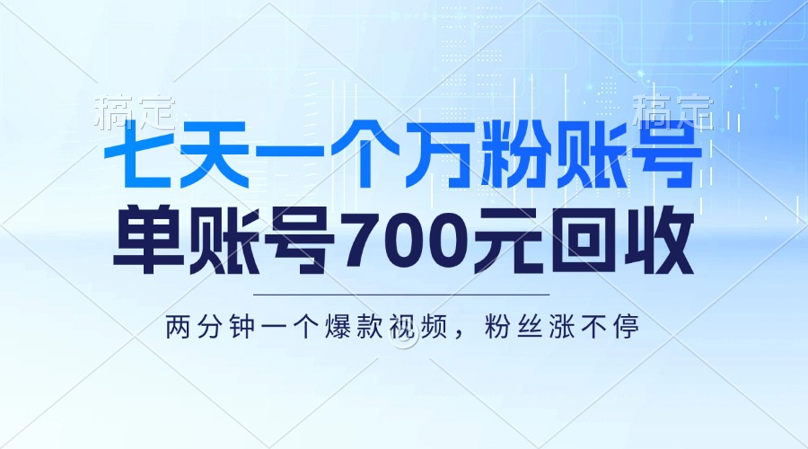 七天一个万粉账号，新手小白秒上手，单账号回收700元，轻松月入三万＋-云网创