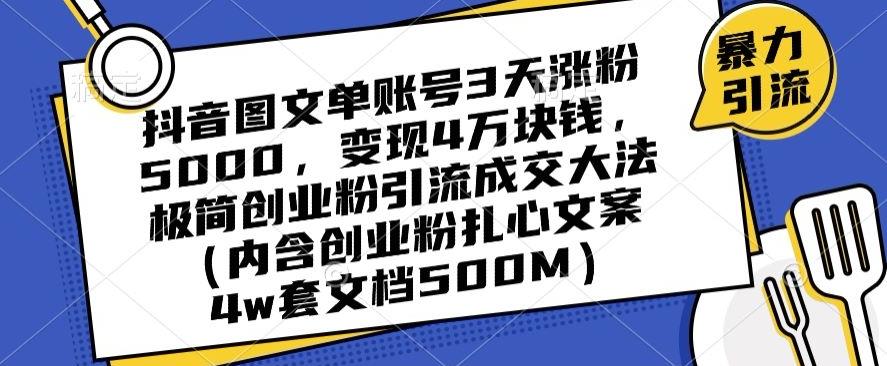 抖音图文单账号3天涨粉5000,变现4万块钱,极简创业粉引流成交大法-云网创