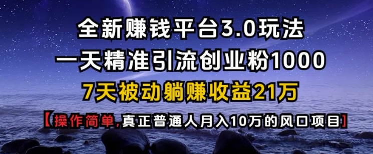 全新赚钱平台3.0玩法一天精准引流创业粉1000.7天被动躺Z收益21W【仅揭秘】-云网创