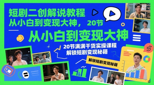 短剧二创解说教程，从小白到变现大神，20节满满干货实操课程，解锁短剧变现秘籍-云网创