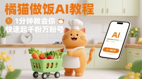有趣的橘猫买菜做饭视频，用AI一键搞定，1分钟教会你，快速起千粉万粉号-云网创