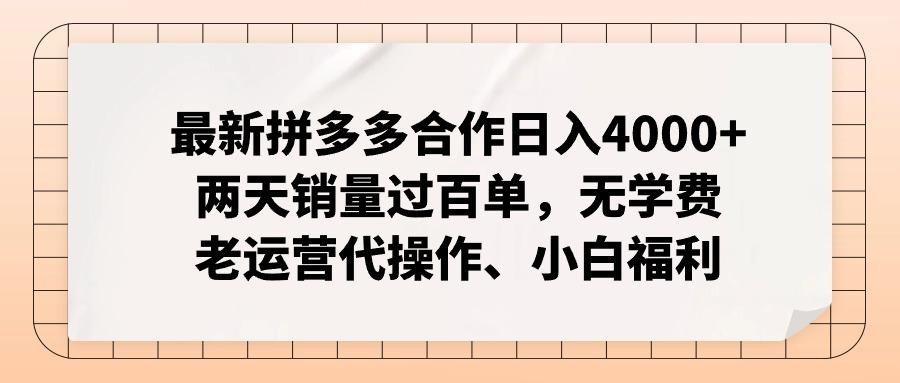 最新拼多多合作日入4000+两天销量过百单，无学费、老运营代操作、小白福利-云网创