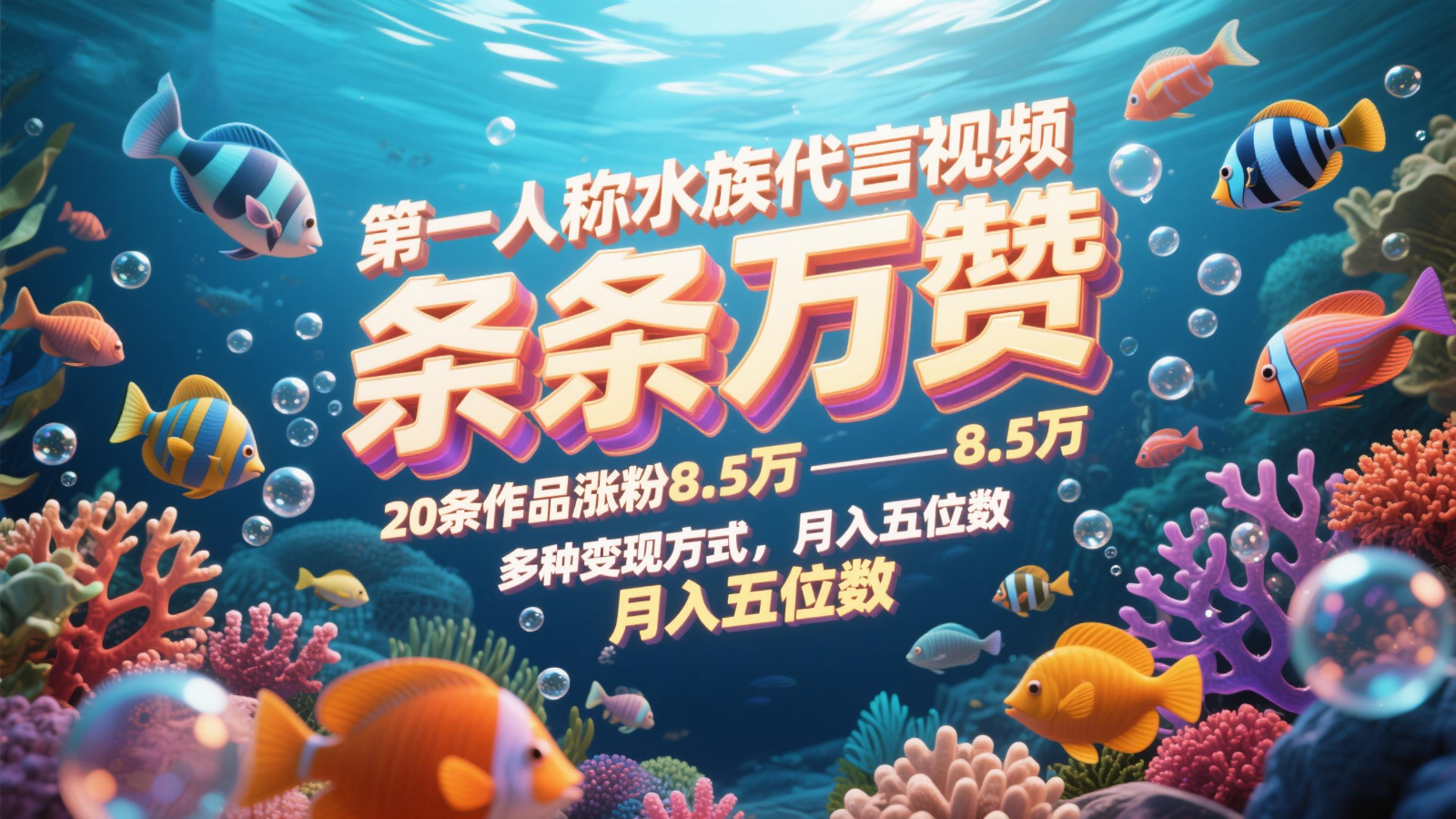 第一人称水族代言视频，条条万赞，20条作品涨粉8.5万，多种变现方式月，入五位数-云网创